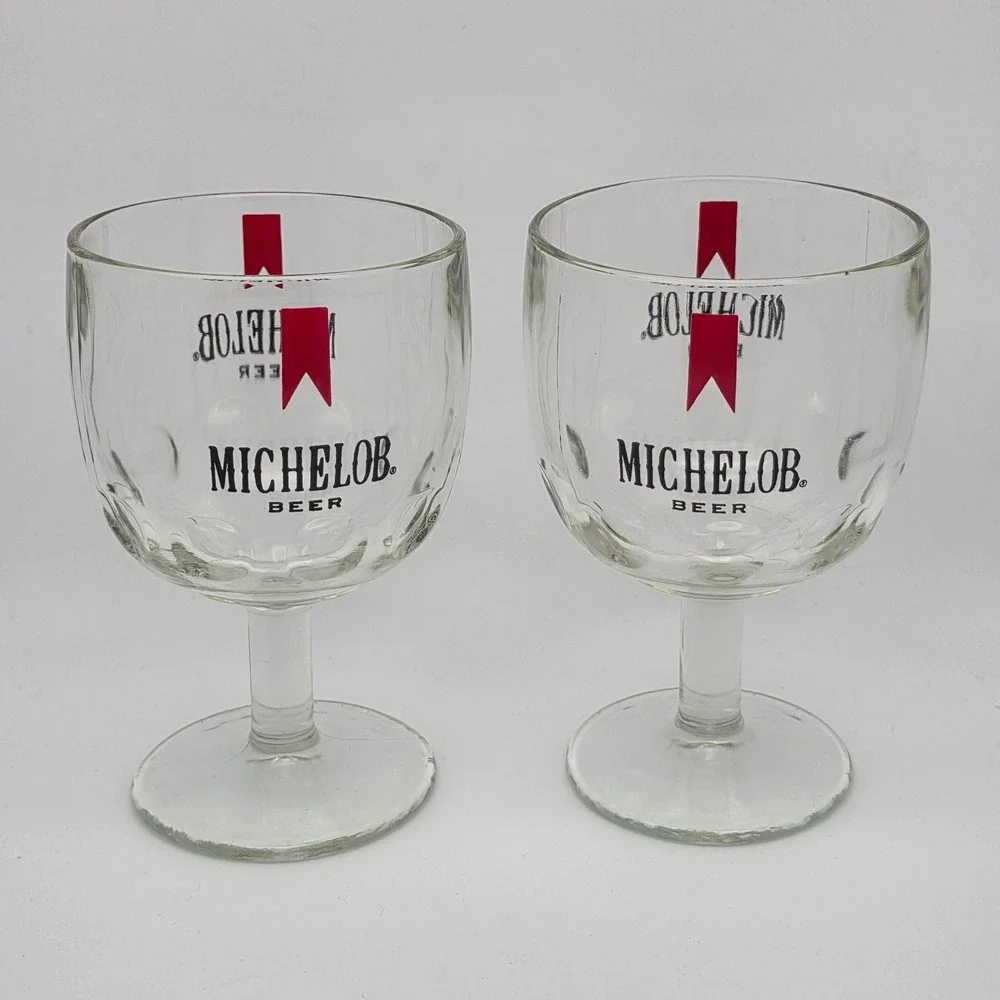 Vintage Michelob Beer Goblet Set of 2 Glass Barware Chalice Man Cave 1980s Retro